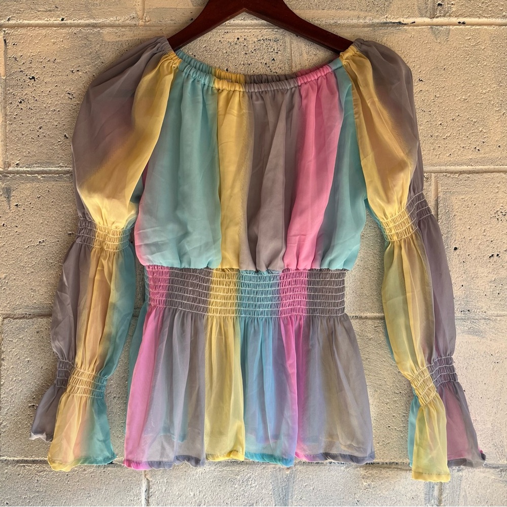 Pastel Multicolor Off-Shoulder Semi-Sheer Chiffon Juliet Sleeve Blouse Small